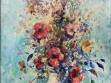painting of a vase of flowers on a table with a blue background