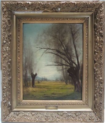 une peinture à l'huile représentant un homme debout dans un champ, près d'un arbre