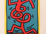 an image of a red and blue poster with a man running