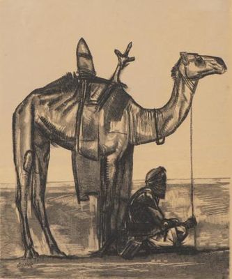 drawing of a man kneeling next to a camel in the desert