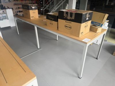 a table with boxes on it in a store