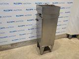 an image of a stainless steel trash can sitting in front of a wall