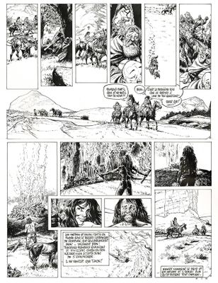 une page en noir et blanc tirée d'une bande dessinée, sur laquelle figure l'image d'un homme à cheval