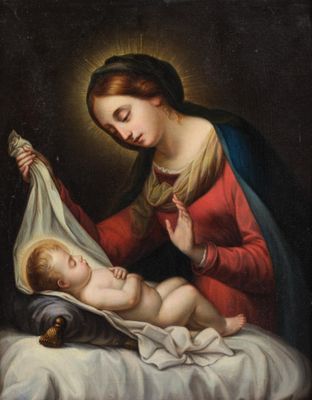 an image of a painting of a woman holding a baby in her lap
