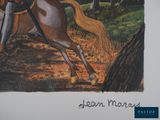 a painting of a man riding a horse in the woods