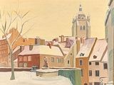 une peinture représentant une ville enneigée avec une tour horloge en arrière-plan