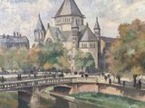 peinture d'un pont sur une rivière avec un château en arrière-plan