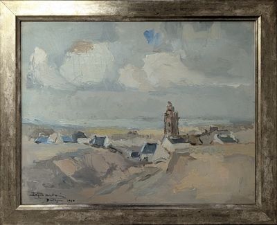 a picture of a painting of a lighthouse on the beach