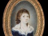 portrait d'une jeune fille en robe bleue, dans un cadre doré