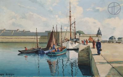 une peinture représentant des bateaux amarrés à un quai par une journée ensoleillée