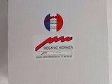 a white box with a red and blue logo on it