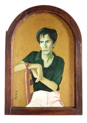 painting of a woman sitting in a chair with a green shirt on