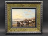 an oil painting of a group of people on a beach by a body of water