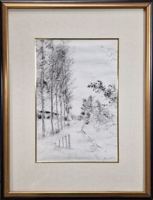 un dessin en noir et blanc représentant des arbres dans un paysage enneigé