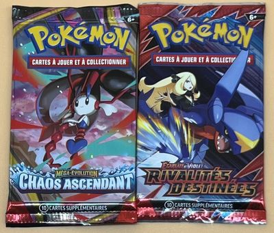 Deux paquets de cartes Pokémon sont exposés sur une table.