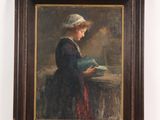 an oil painting of a woman reading a book on a table