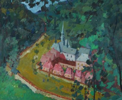 une peinture à l'huile représentant une église dans un champ verdoyant parsemé d'arbres