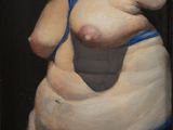 une peinture à l'huile représentant une femme corpulente avec une ceinture bleue autour de la taille
