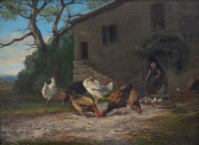 Ecole de Barbizon, La basse-cour, huile sur panneau signée C…