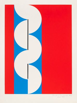 an image of a red, white and blue poster with circles