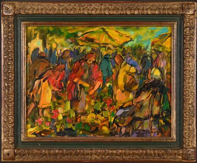 une peinture à l'huile représentant un groupe de personnes debout dans un champ
