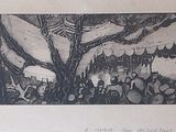 un dessin en noir et blanc représentant un groupe de personnes sous un arbre
