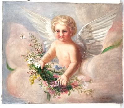 Louise VEZIE (XIXe). "Angelot portant une couronne de fleurs…