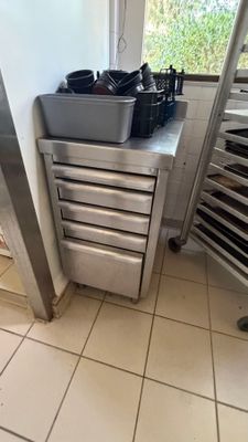 a picture of a kitchen with a lot of pots and pans on the counter