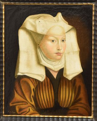 un tableau représentant une femme portant un chapeau blanc et une robe marron