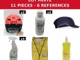 a picture of a lot of items that include a helmet, a bottle of lotion, a bottle of lotion, and a bag of lot of