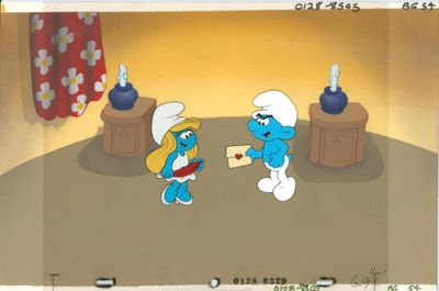 animation montrant des Schtroumpfs et un combat de Schtroumpfs dans un salon