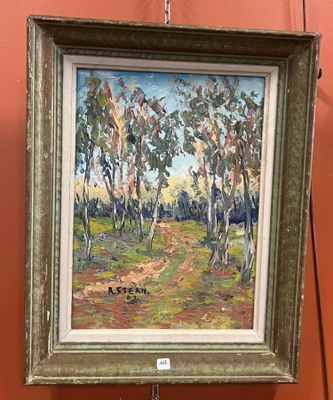 une peinture à l'huile représentant un chemin de terre avec des arbres en arrière-plan