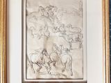 a drawing of a group of horses in a frame on a wall
