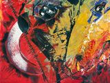 peinture abstraite représentant le visage d'un chien sur fond rouge