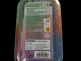 a plastic container with a label on it on a black background
