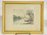 a painting of a river scene with a castle in the distance