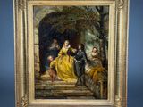 a painting of a woman in a yellow dress and a man in a black suit and a woman in a yellow dress and a child in a yellow dress