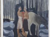 un tableau représentant une femme et un cheval dans une forêt