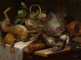 une peinture représentant une nature morte avec des oiseaux et des légumes posés sur une table