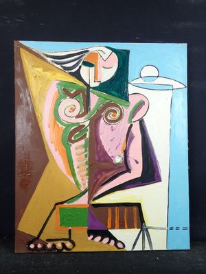 un tableau représentant un homme assis sur une chaise, coiffé d'un chapeau