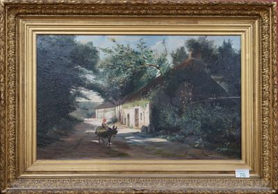 an image of a painting of a horse drawn carriage on a country road