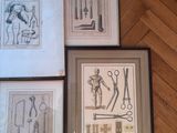 three framed pictures of different types of tools on a wooden floor