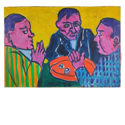 painting of a group of men playing a game of frisbee in front of a yellow background