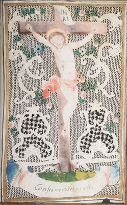 painting of a crucifidus on a cross with a bird in the background