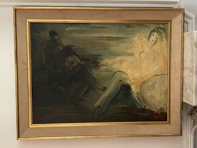 un tableau représentant une femme assise sur une chaise à côté d'un homme