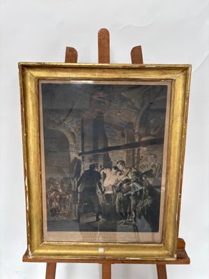 une vieille photo représentant un tableau posé sur un chevalet en bois, sur fond blanc