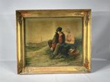 painting of a man and woman sitting on a beach with a boat in the background