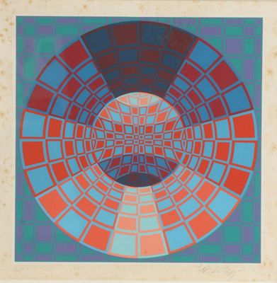 an image of a painting of a circular design in red, blue and green