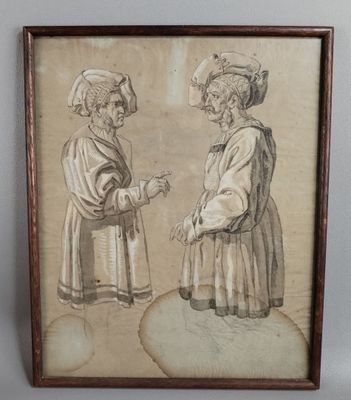 un vieux dessin représentant deux hommes debout l'un à côté de l'autre