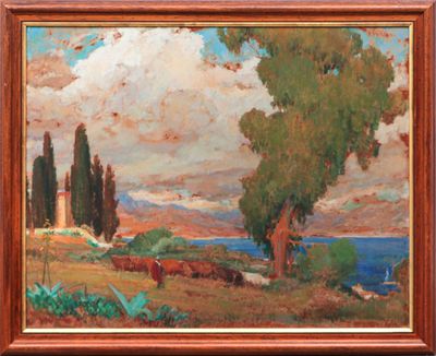 an image of a painting of a landscape with trees and cows